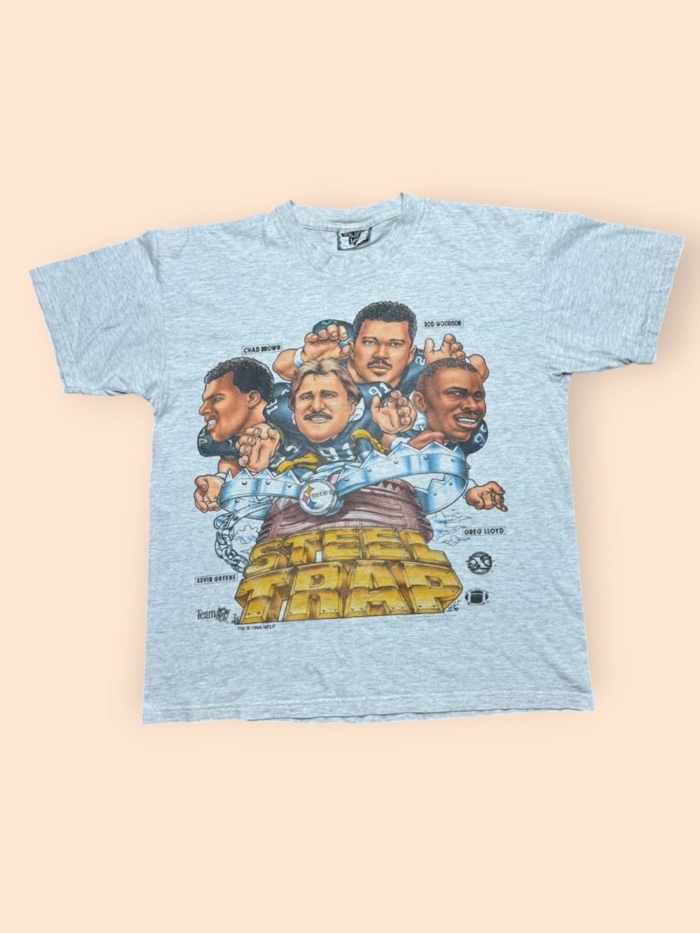 Vintage Pittsburgh Steelers 1990s Steel Trap Caricature T Shirt Large Gray Vtg